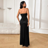 Autumn Chic Sexy Deep V Slim Waist Satin Slit Dress