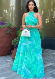 Women Career Print Street Style Round Neck Pleated Sleeveless Maxi Dress