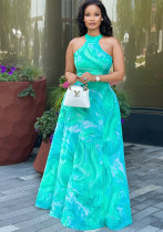 Women Career Print Street Style Round Neck Pleated Sleeveless Maxi Dress Women Career Print Street Style Round Neck Pleated Sleeveless Maxi Dress