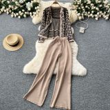 Fall Winter Maze Pattern Cardigan Tank Pants Knit Set
