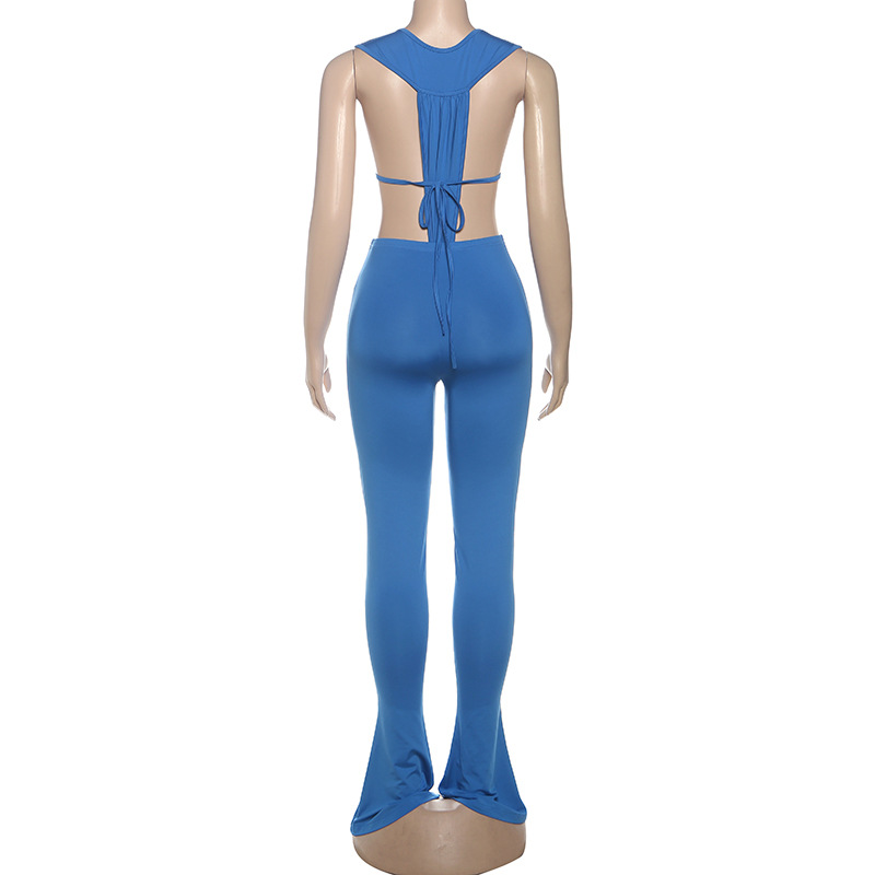 Women Sexy Summer V-Neck Lace-Up Bodysuit and Pants Two-Piece Set