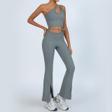 Yoga Set One Shoulder Bra Top High Waist Butt Lifting Flared Pants Set