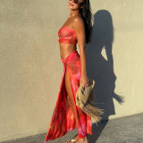 Gradient Print Strapless Low-Rise Bikini with Mesh Skirt 3-Piece Set