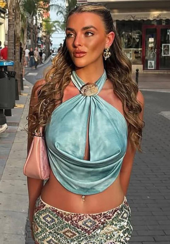 Fashion Shell Metal Buckle Tie Halter Neck Low Back Lace-Up Top