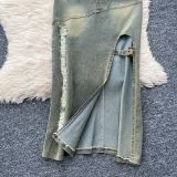 Turn Down Collar Distressed Denim Halter Top Slit Skirt Set