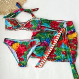 Floral Print Two-Piece Swimsuit with Bodycon Skirt 3-Piece Set