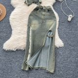 Turn Down Collar Distressed Denim Halter Top Slit Skirt Set