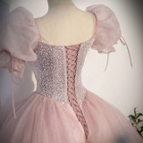 Women Pink Bridal Toast Dress for Performances, Colorful Tulle Princess Evening Dress（Processing time need 3-6 days）