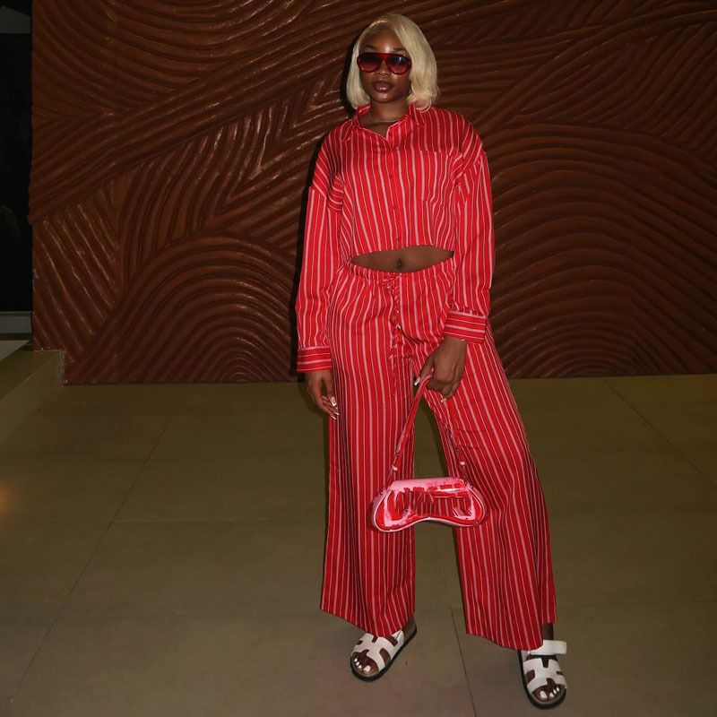 Red Striped Long-Sleeve Shirt & High-Waist Wide-Leg Pants Set African Women's Fashion Trendy Casual Outfit