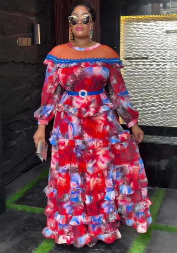 Plus-size African Women ruffled print beaded belt dress