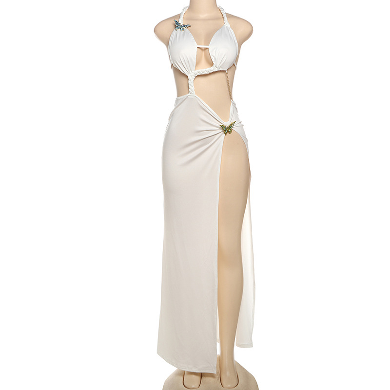 Summer Sexy Low-Back Lace-Up Long Dress Chic High-Slit Halter Neck Gown
