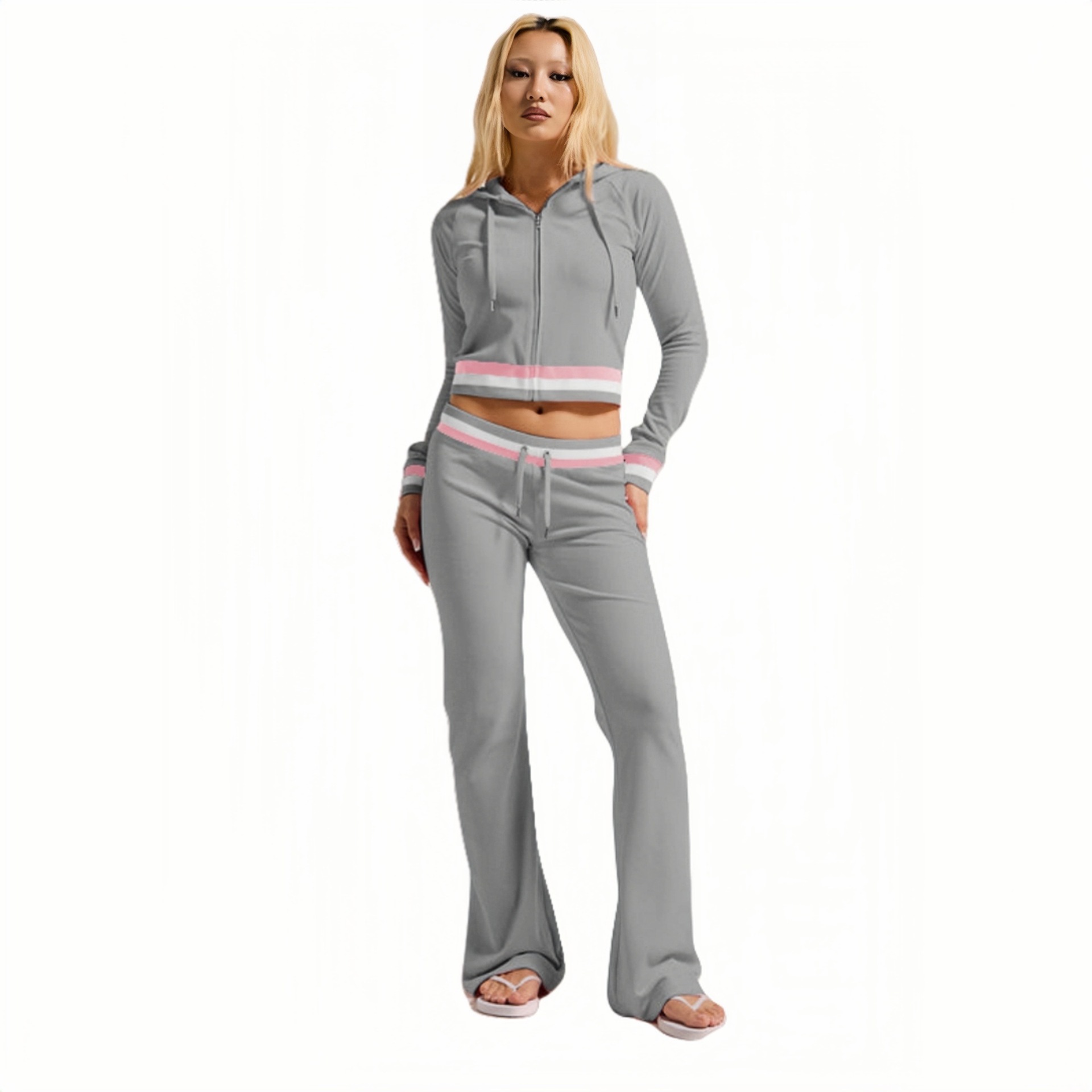 Women Casual Ribbed Contrast Hooded Two-Piece Top and Pant
