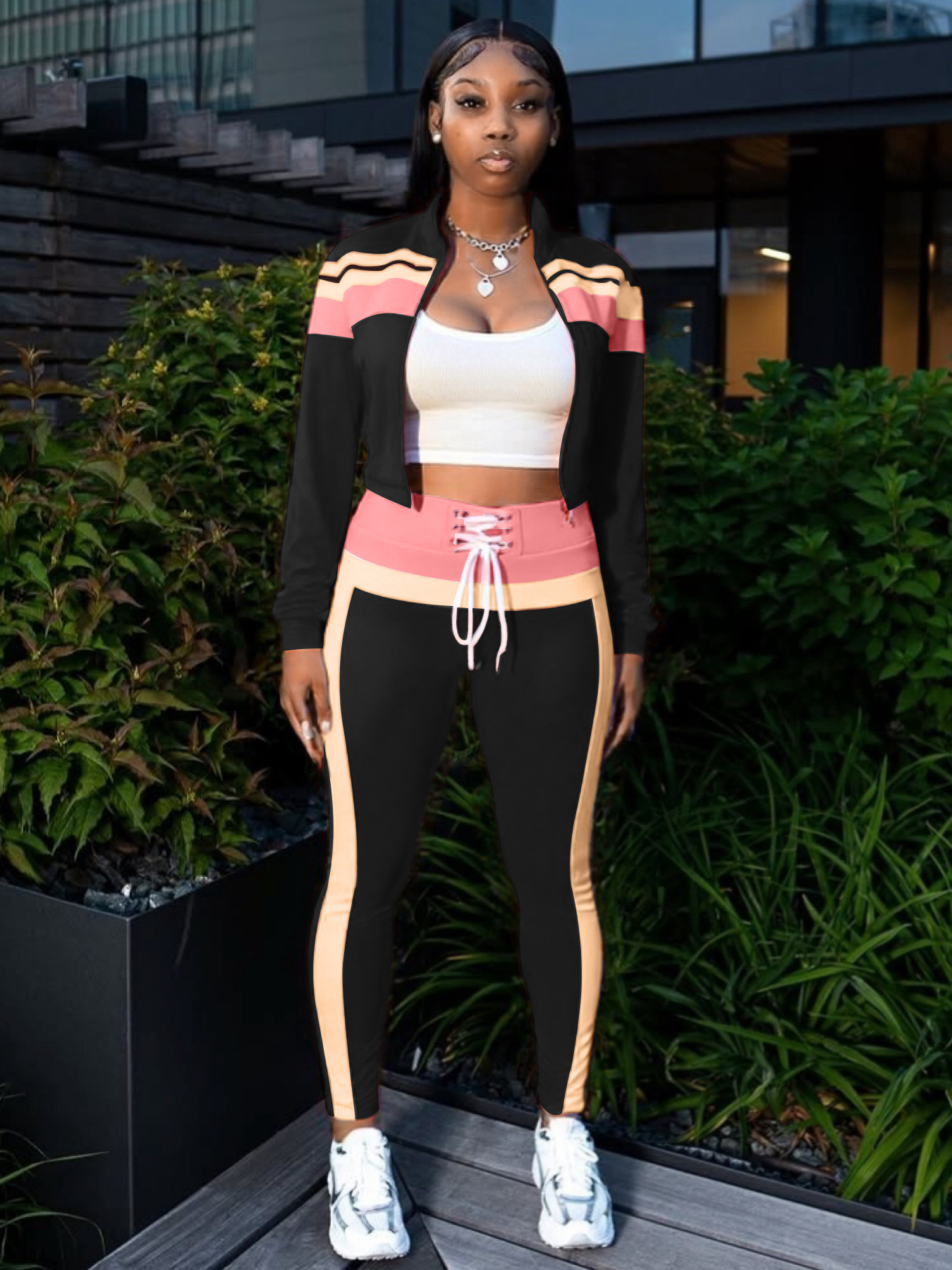 Street Style Color-Block Patchwork Zip-Up Top & Casual Pants Set