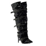 Women Retro Pointed-Toe Boots with Riveted High Heels and Belt Buckle, Punk-Style Over-The-Knee Boots
