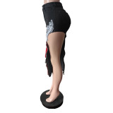 Stretch Letter Embroidered Seven-Part Denim Skirt