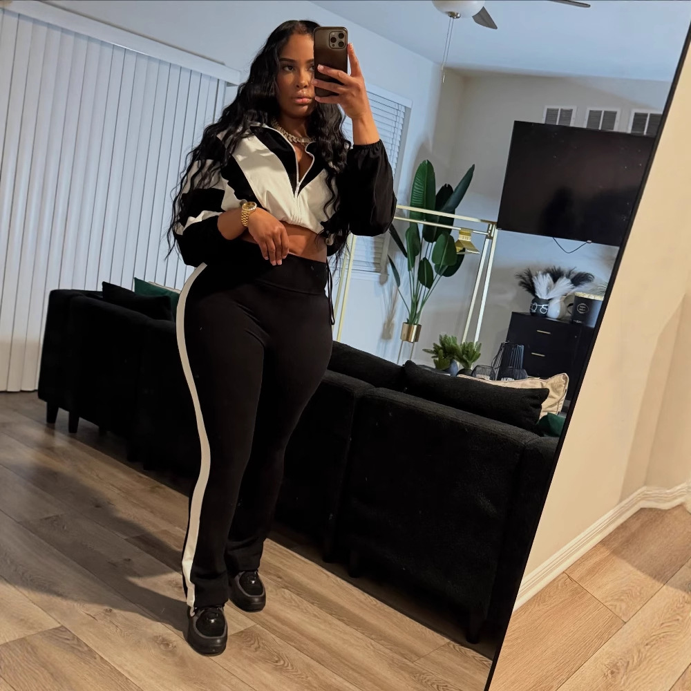 Women Zippered Turndown Collar Patchwork Zipper Top and Two-Piece Pants