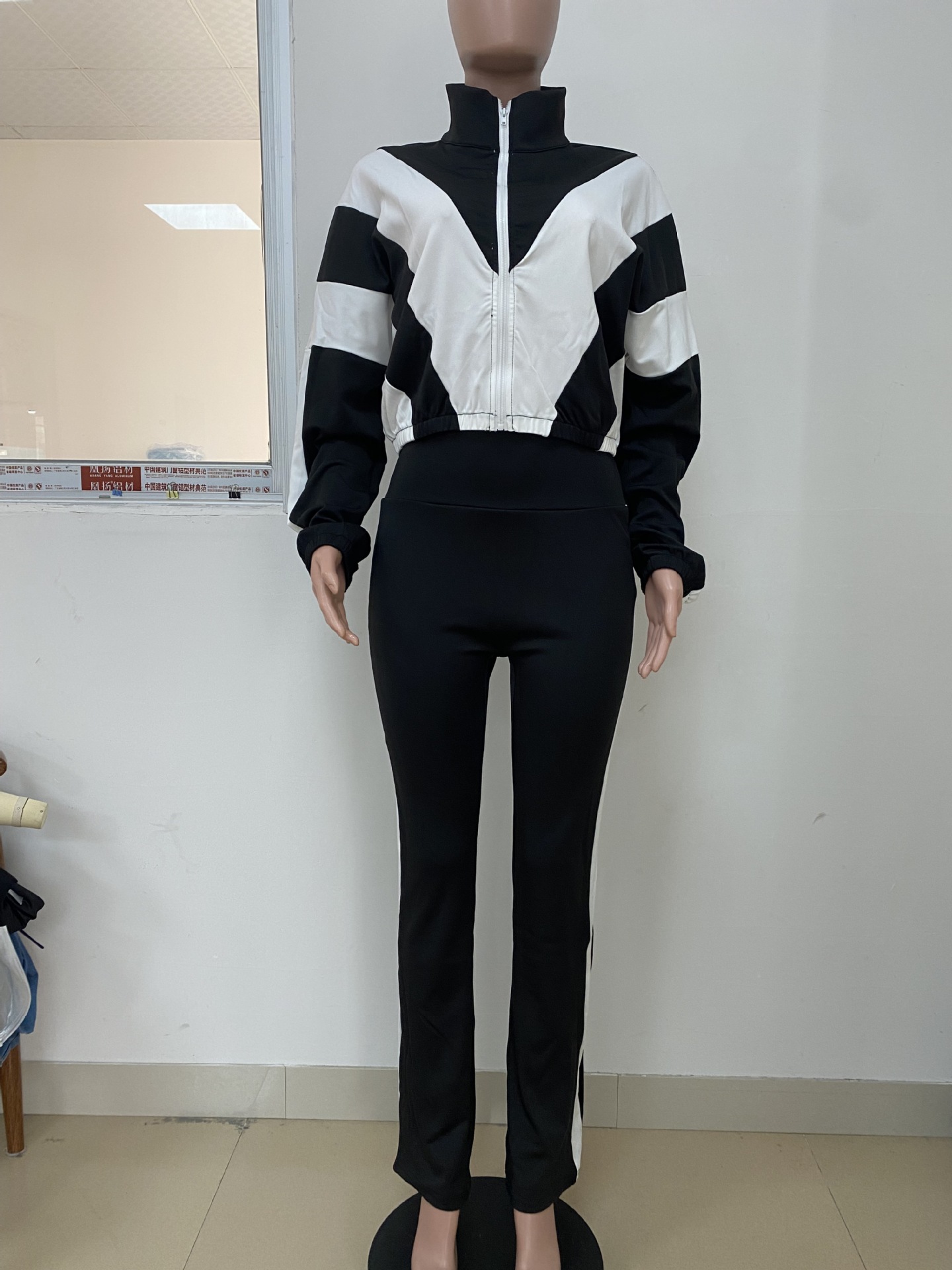 Women Zippered Turndown Collar Patchwork Zipper Top and Two-Piece Pants