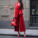 Women's Solid Color Sleeveless Straight-Leg Pantsuit Professional Office Set
