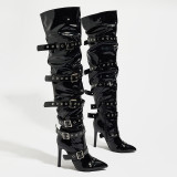 Women Retro Pointed-Toe Boots with Riveted High Heels and Belt Buckle, Punk-Style Over-The-Knee Boots