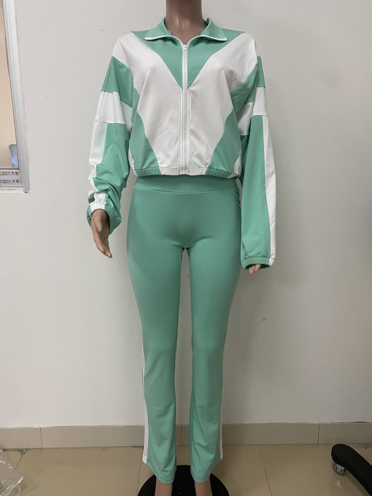 Women Zippered Turndown Collar Patchwork Zipper Top and Two-Piece Pants