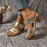 Plus-Size Women Open-Toed Stiletto Slippers with Block Heels and Embossed Patterned Fashion Sandals