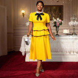 Plus-Size Women Evening Gown with a Playful Short-Sleeved Layered Ruffled Dinner Party Dress