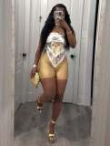 Street Fashion Strapless Print Crop Top & Solid Color Shorts Set