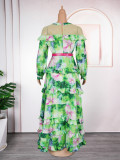 Plus-size African Women ruffled print beaded belt dress