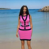 Women elegant button-down colorblock sleeveless single-breasted knitting dress