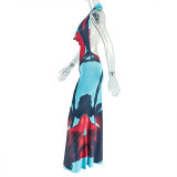 Fashion Printed Casual Ruched Halter Neck Draped Low-Back Long Dress