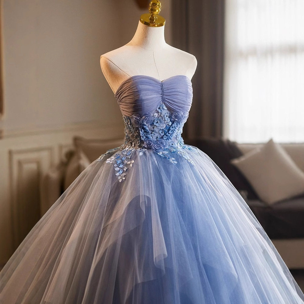 Women Formal Party Blue Strapless Tutu Evening Dress(Processing time need 3-6 days)