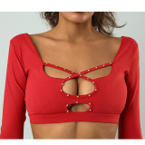Women Fitness Long-Sleeved Padded Stretch Quick-Dry Beaded Running Top