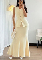 Women summer solid vest fishtail skirt two-piece set