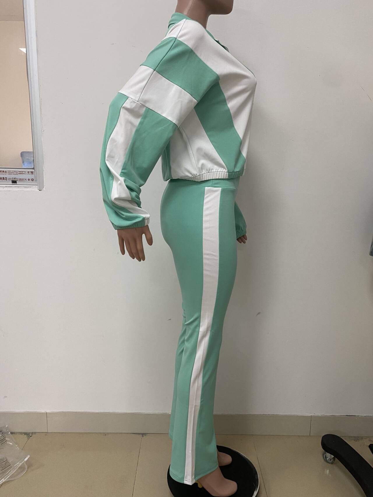 Women Zippered Turndown Collar Patchwork Zipper Top and Two-Piece Pants