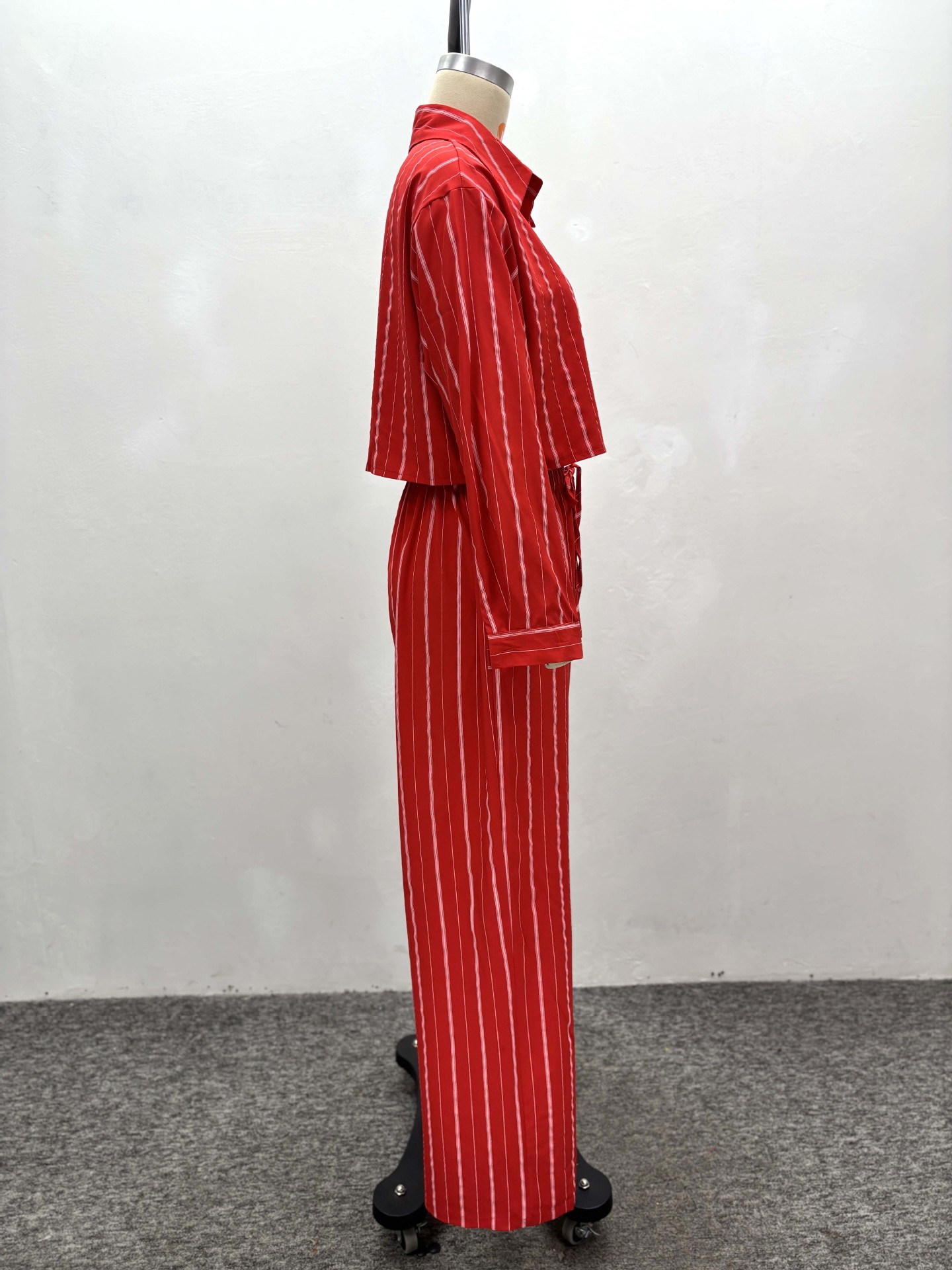 Red Striped Long-Sleeve Shirt & High-Waist Wide-Leg Pants Set African Women's Fashion Trendy Casual Outfit