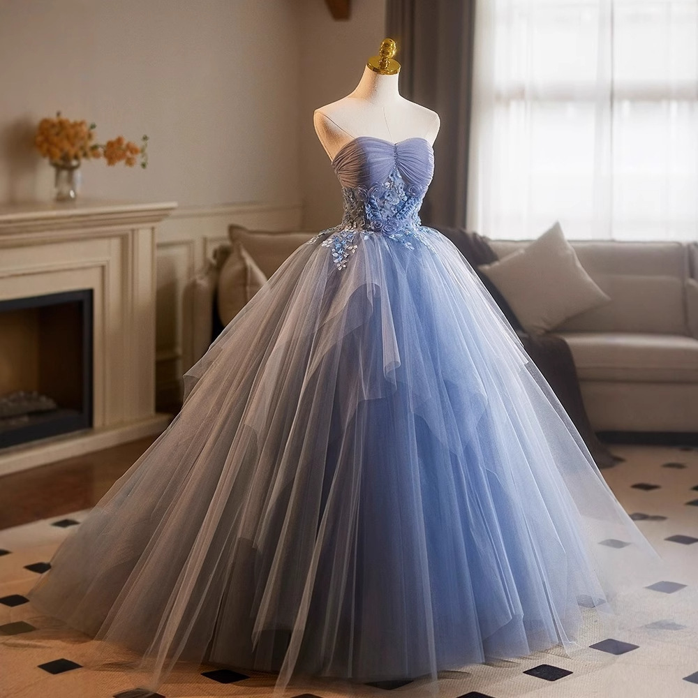 Women Formal Party Blue Strapless Tutu Evening Dress(Processing time need 3-6 days)