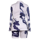 Women Fall/Winter Printed Blazer and Shorts Two-Piece Set