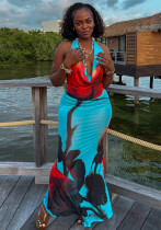 Fashion Printed Casual Ruched Halter Neck Draped Low-Back Long Dress Fashion Printed Casual Ruched Halter Neck Draped Low-Back Long Dress