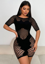 Spring-Summer Solid Color Round Neck Short-Sleeve Sexy Tight-Fitting Jumpsuit