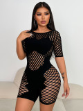 Spring-Summer Solid Color Round Neck Short-Sleeve Sexy Tight-Fitting Jumpsuit