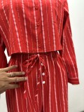 Red Striped Long-Sleeve Shirt & High-Waist Wide-Leg Pants Set African Women's Fashion Trendy Casual Outfit