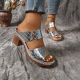 Plus-Size Women Open-Toed Stiletto Slippers with Block Heels and Embossed Patterned Fashion Sandals