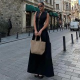 High-Waist Solid Color Sleeveless Zip-Up Dress Elegant Career-Chic Gown