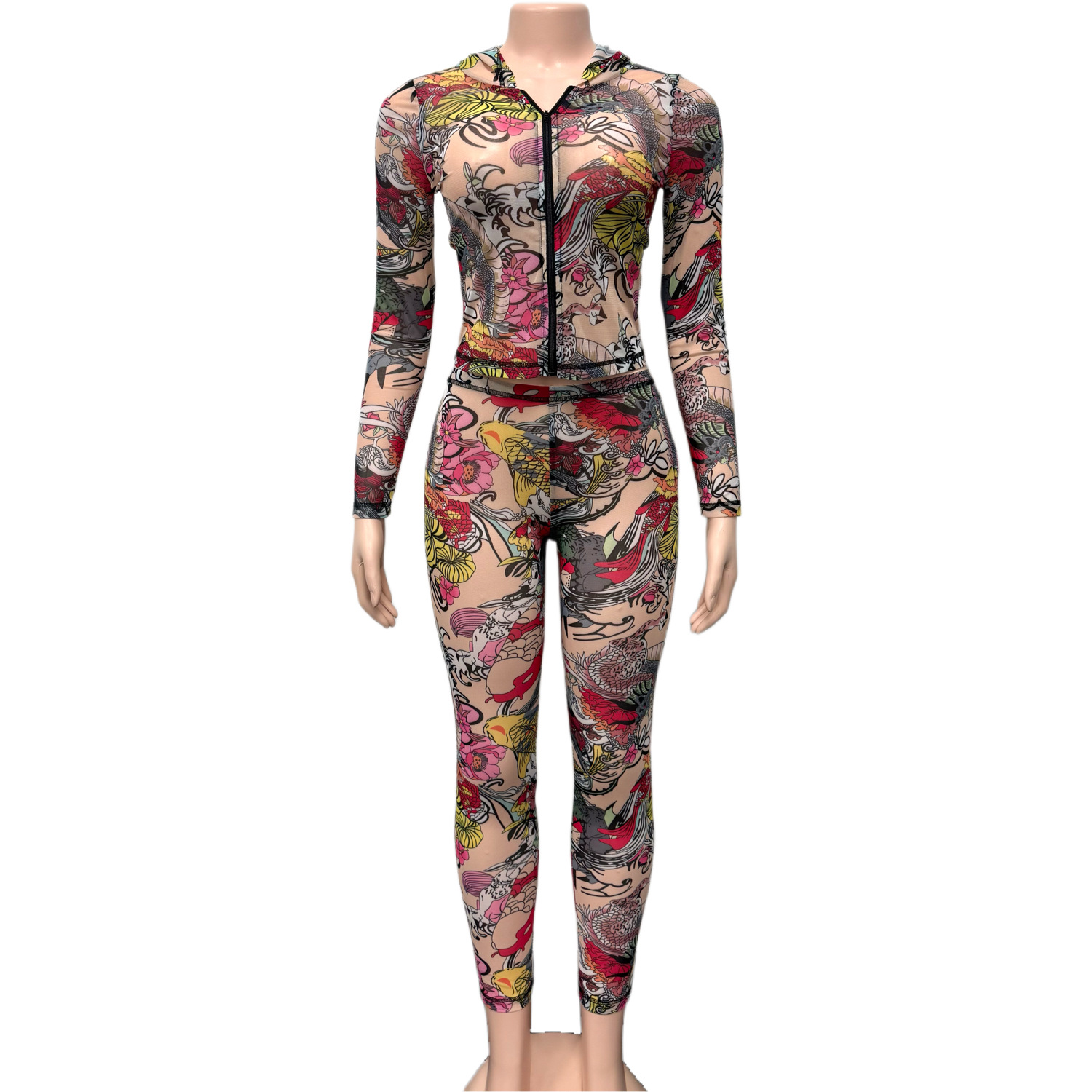 Women's Fashion Printed Zip-Up Hoodie & Pants Set
