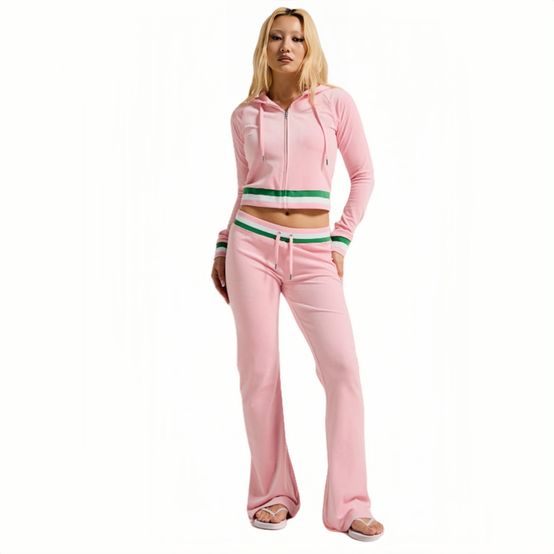 Women Casual Ribbed Contrast Hooded Two-Piece Top and Pant