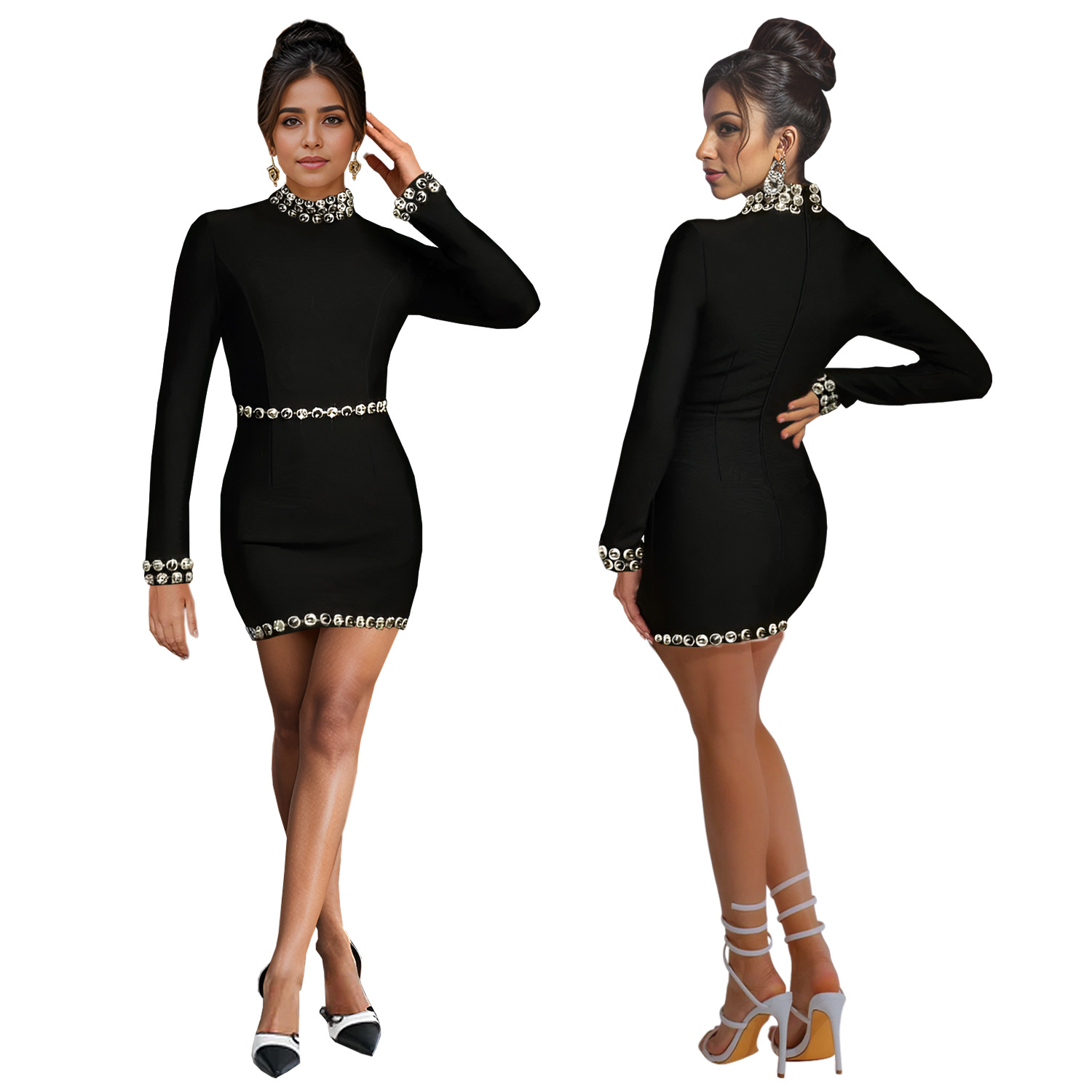 Fashion Women's Elegant Beaded Short Sleeve Mini Dress