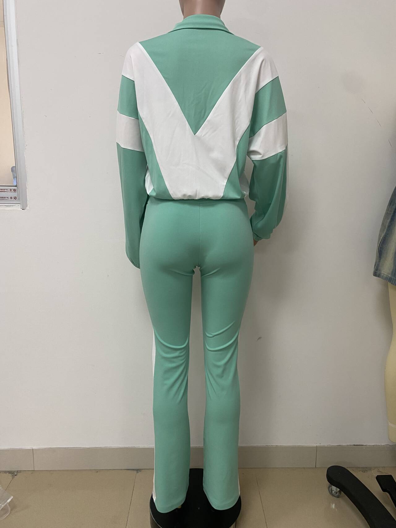 Women Zippered Turndown Collar Patchwork Zipper Top and Two-Piece Pants