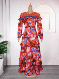 Plus-size African Women ruffled print beaded belt dress