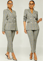 Women Spring Plaid Professional Blazer and Pant Two-Piece Set