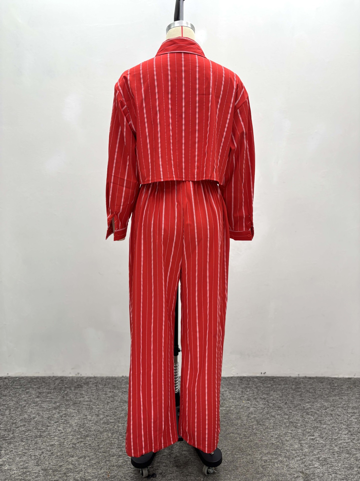 Red Striped Long-Sleeve Shirt & High-Waist Wide-Leg Pants Set African Women's Fashion Trendy Casual Outfit